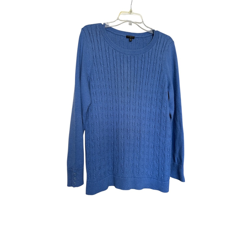 Talbots Plus Blue Cable Knit Crew Neck Sweater Womens 1X Long Sleeve Button Cuff